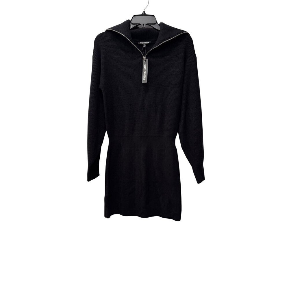 New Steve Madden Women's Size S Rowena Sweater Dress Black Ribbed Knit Zip-Up